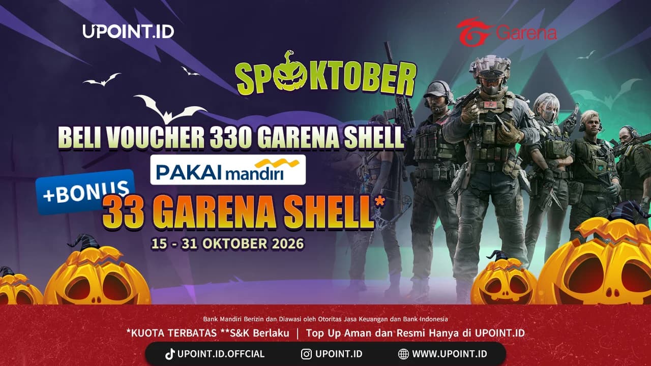 Beli 330 Garena Shell Pakai VA Mandiri, Dapat Bonus Voucher 33 Garena Shell di UPOINT.ID